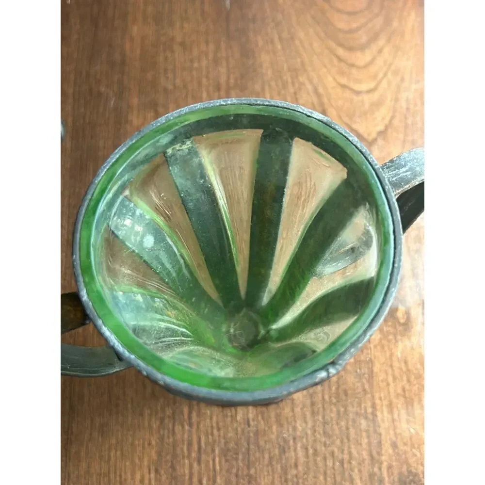 2 Caged Iron Hand-Blown Green Glass Urn Vase gothic medieval rustic